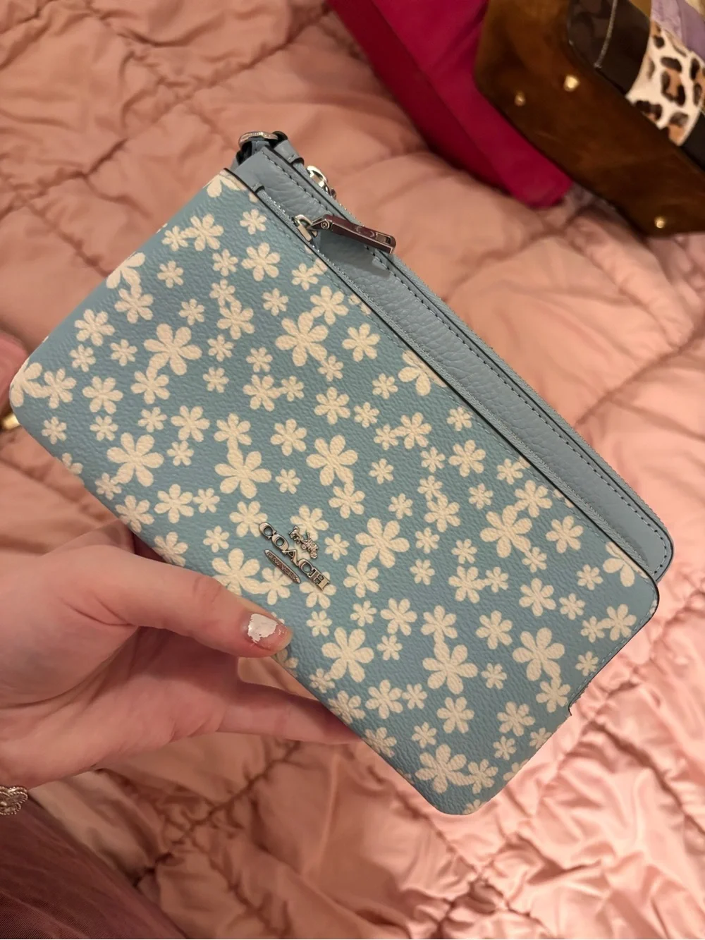 Coach Light Blue Floral Zip Card Holder Wallet